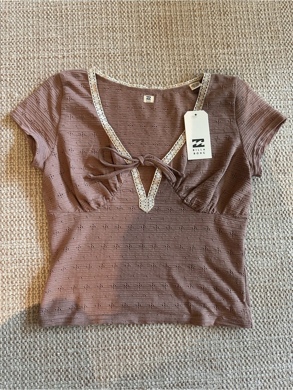Billabong Mauve Eyelet Tie-Front Crop Top with Lace Trim